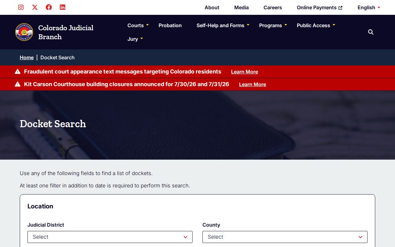 Morgan County court dockets Colorado Judicial Branch docket search